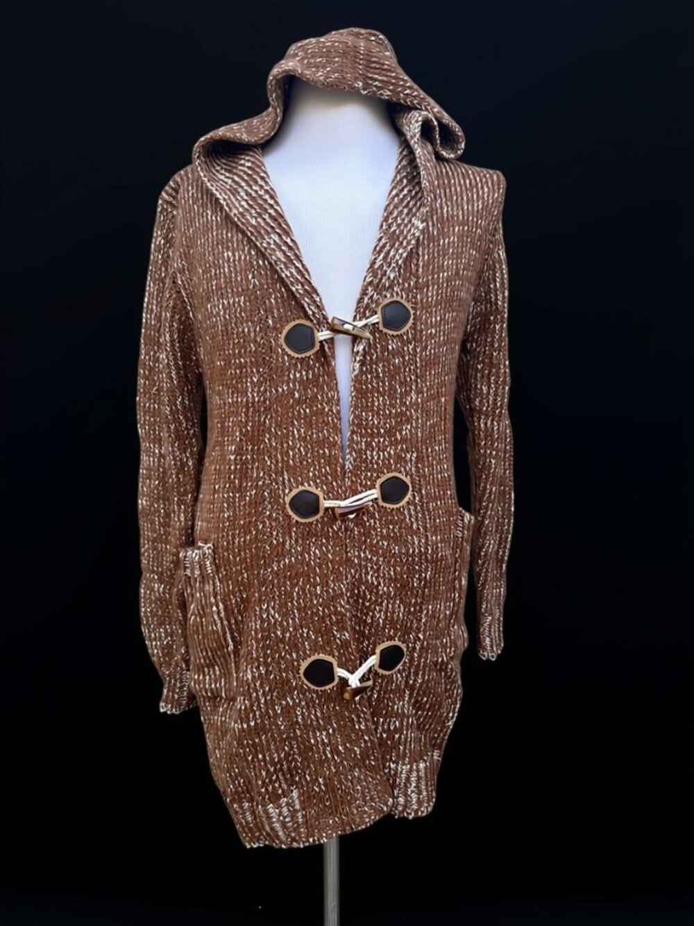 Men's Brown Toggle Button Mid-Length Knitted Sherpa Handmade Sweater
